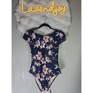 AXESEA Floral Tropical Retro One Piece Cap Sleeve Swimsuit Womens 6 Blue Travel